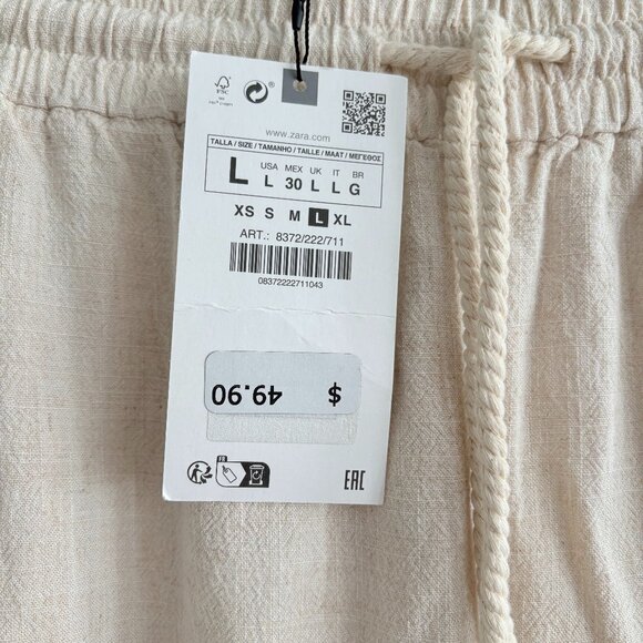 ZARA Linen Blend Cream Beige Drawstring Pants w Pockets - SZ L New w Tag - Picture 6 of 7